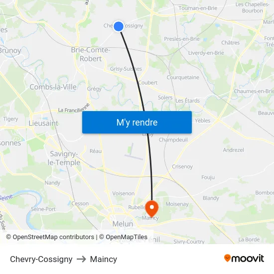 Chevry-Cossigny to Maincy map