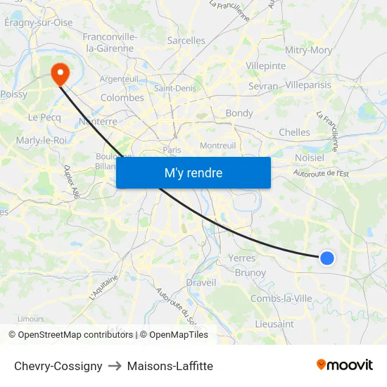 Chevry-Cossigny to Maisons-Laffitte map