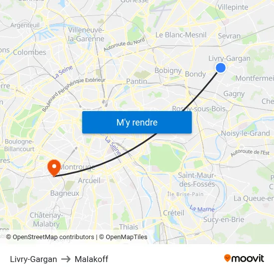 Livry-Gargan to Malakoff map