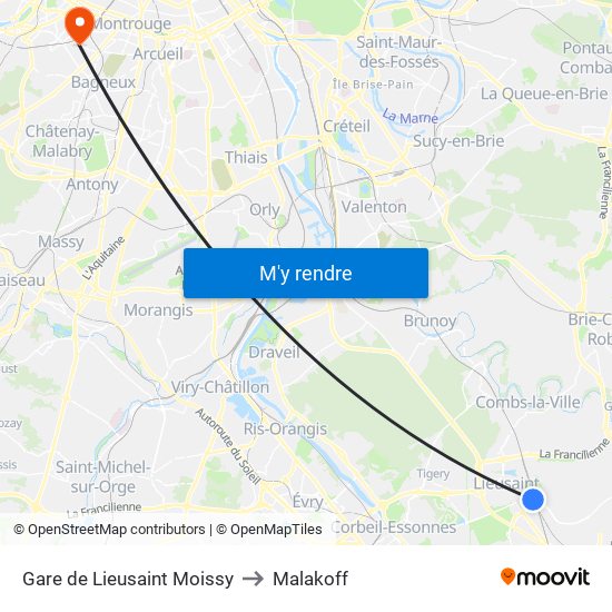 Gare de Lieusaint Moissy to Malakoff map