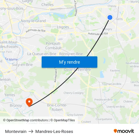 Montevrain to Mandres-Les-Roses map