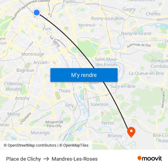 Place de Clichy to Mandres-Les-Roses map