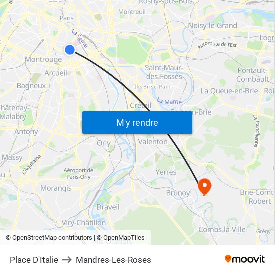 Place D'Italie to Mandres-Les-Roses map