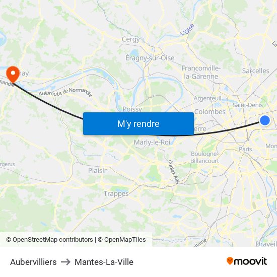 Aubervilliers to Mantes-La-Ville map
