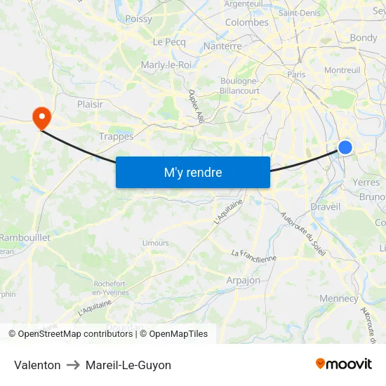 Valenton to Mareil-Le-Guyon map