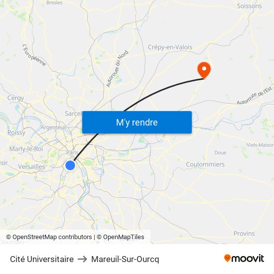 Cité Universitaire to Mareuil-Sur-Ourcq map