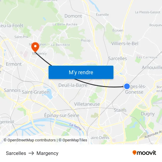 Sarcelles to Margency map