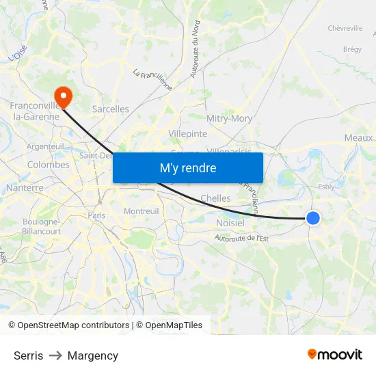 Serris to Margency map