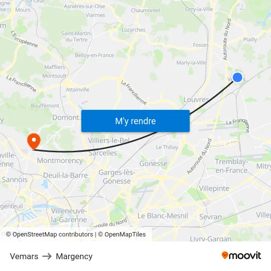 Vemars to Margency map