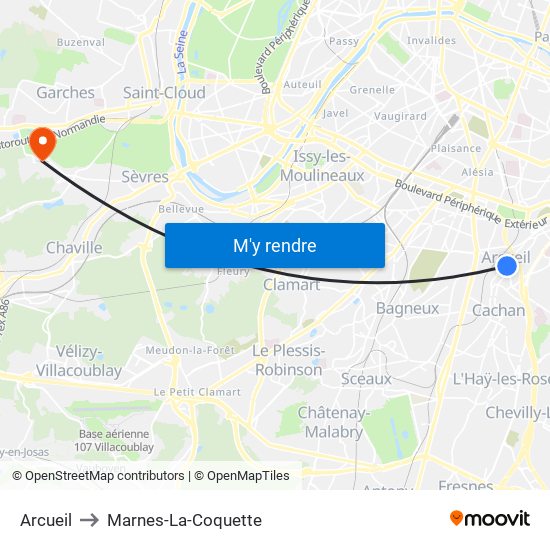 Arcueil to Marnes-La-Coquette map