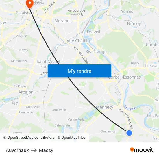 Auvernaux to Massy map