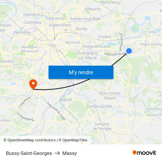 Bussy-Saint-Georges to Massy map