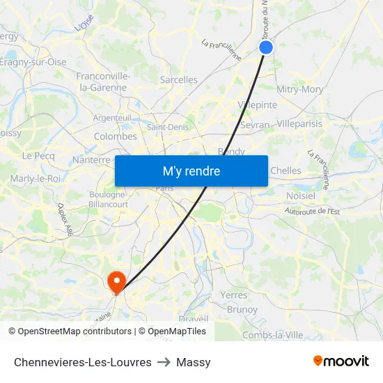 Chennevieres-Les-Louvres to Massy map
