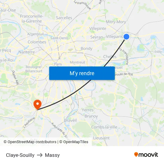 Claye-Souilly to Massy map