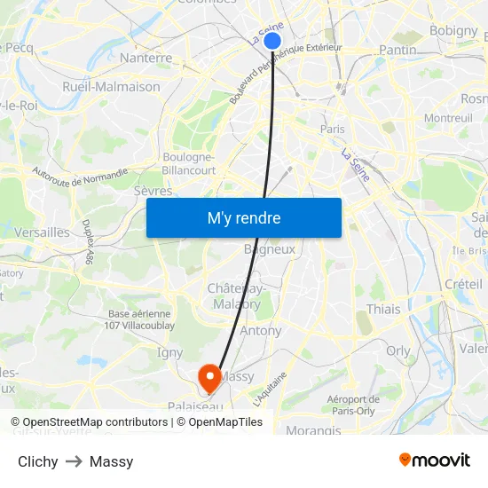 Clichy to Massy map