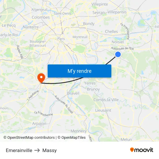 Emerainville to Massy map