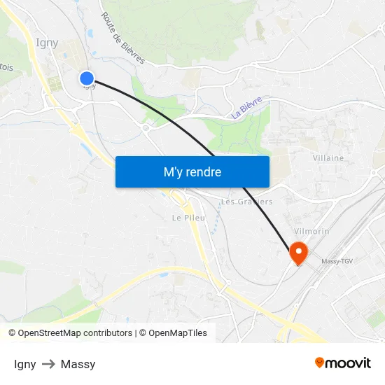 Igny to Massy map