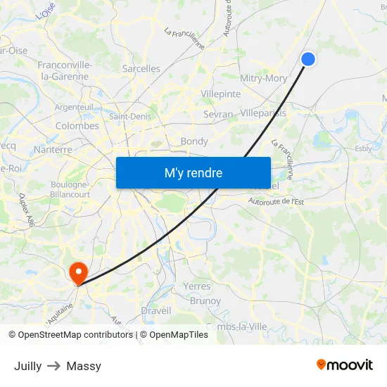 Juilly to Massy map