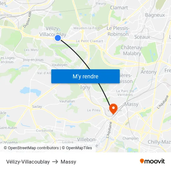 Vélizy-Villacoublay to Massy map