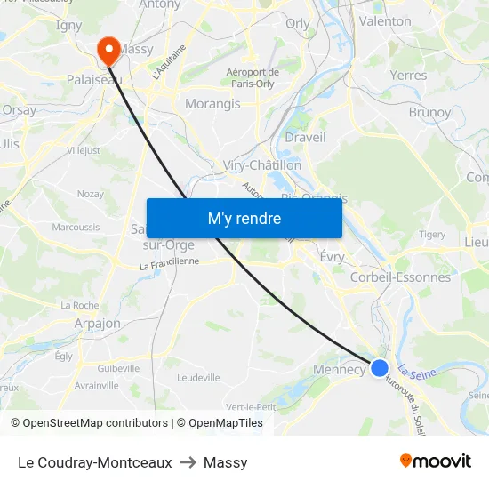 Le Coudray-Montceaux to Massy map