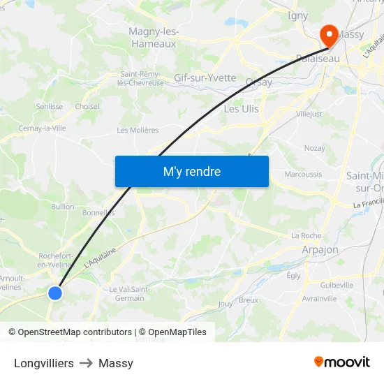 Longvilliers to Massy map