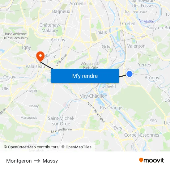 Montgeron to Massy map