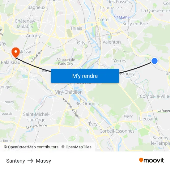 Santeny to Massy map