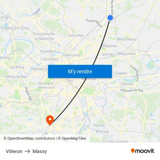 Villeron to Massy map