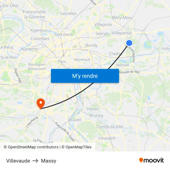 Villevaude to Massy map