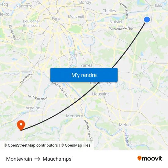 Montevrain to Mauchamps map