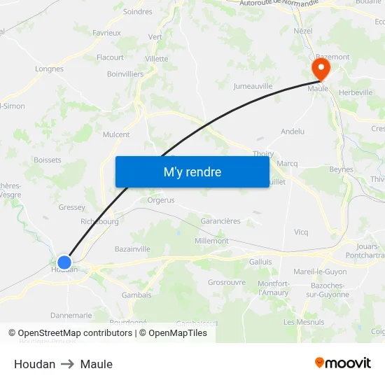 Houdan to Maule map