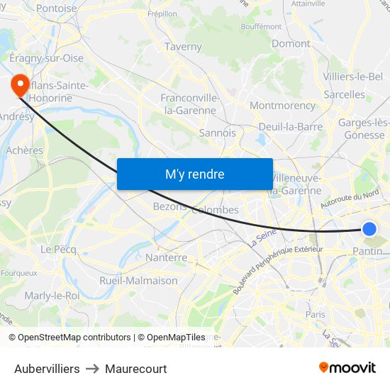 Aubervilliers to Maurecourt map