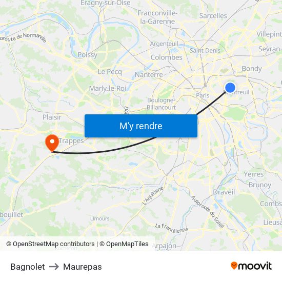 Bagnolet to Maurepas map