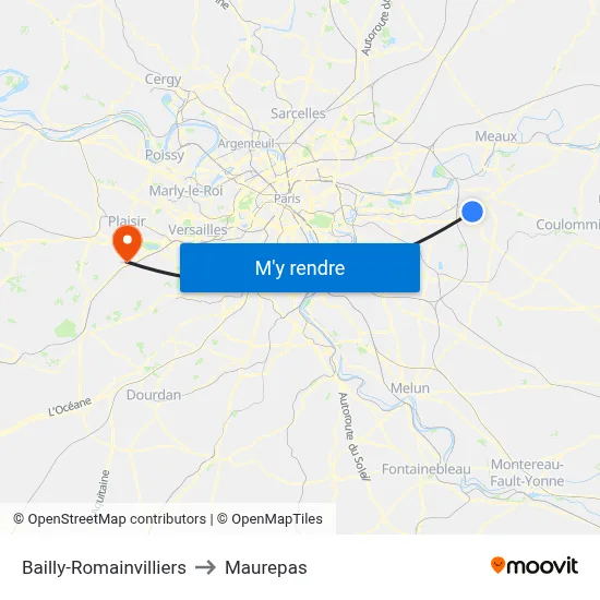 Bailly-Romainvilliers to Maurepas map