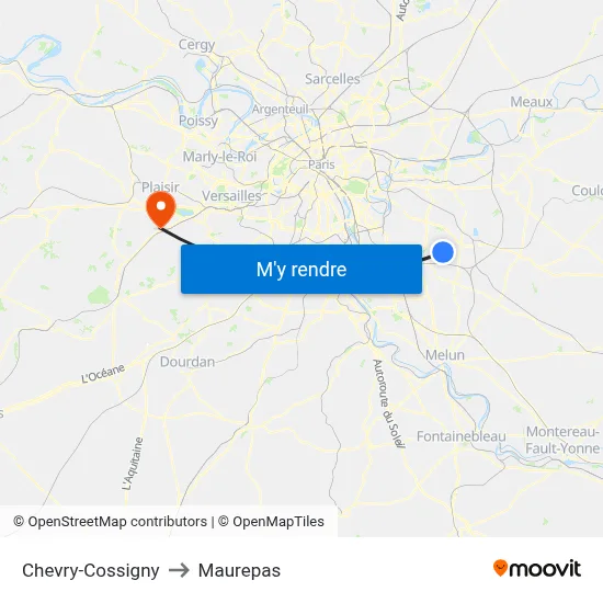 Chevry-Cossigny to Maurepas map
