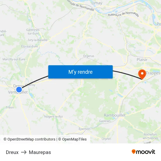 Dreux to Maurepas map