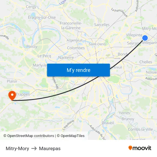 Mitry-Mory to Maurepas map