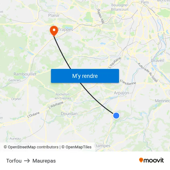 Torfou to Maurepas map
