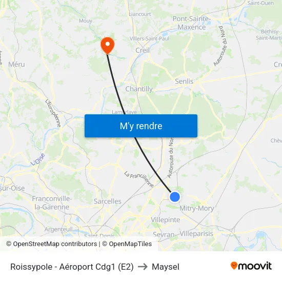 Roissypole - Aéroport Cdg1 (E2) to Maysel map