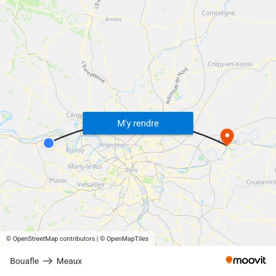 Bouafle to Meaux map