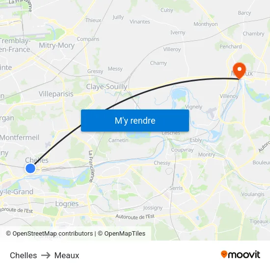 Chelles to Meaux map