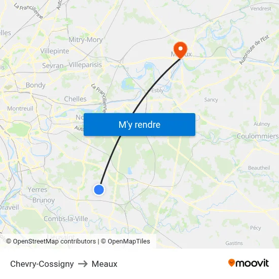 Chevry-Cossigny to Meaux map