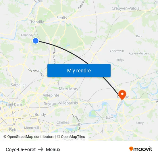 Coye-La-Foret to Meaux map