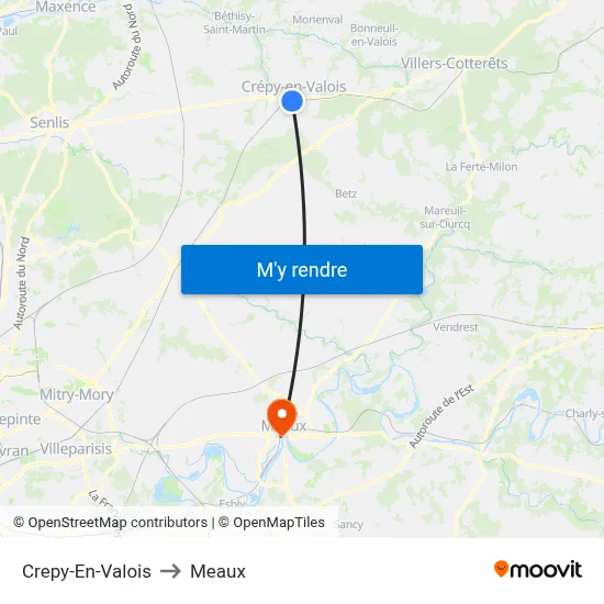 Crepy-En-Valois to Meaux map