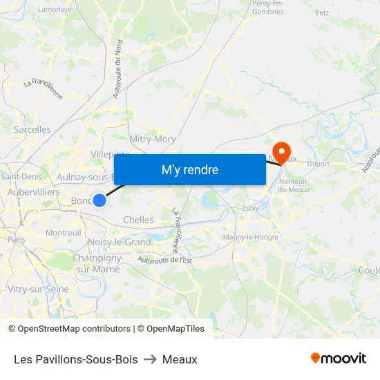 Les Pavillons-Sous-Bois to Meaux map