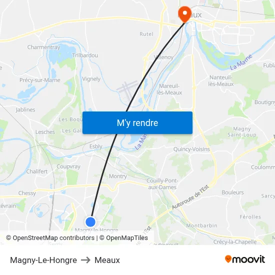 Magny-Le-Hongre to Meaux map