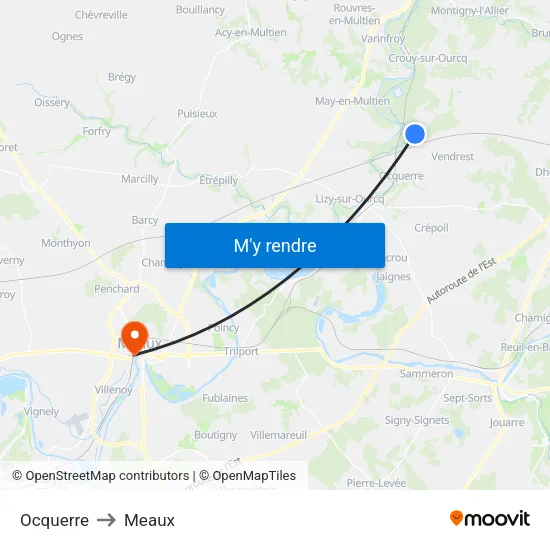Ocquerre to Meaux map