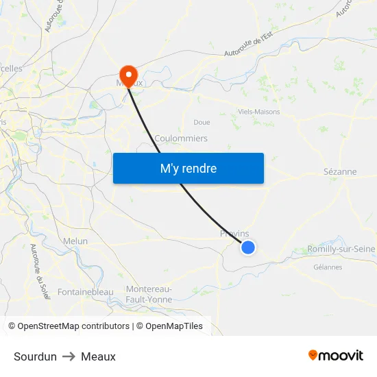Sourdun to Meaux map