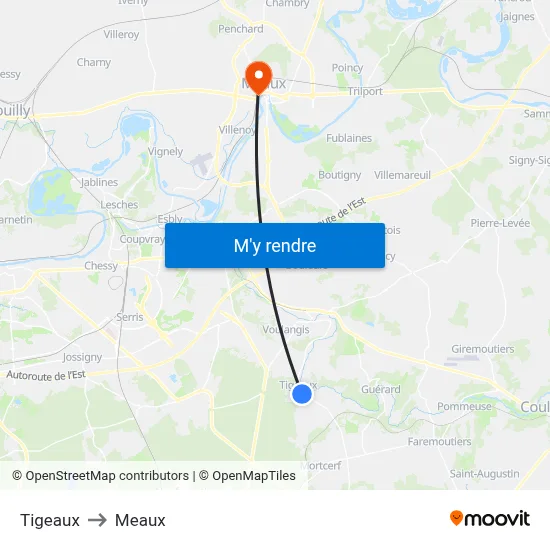 Tigeaux to Meaux map
