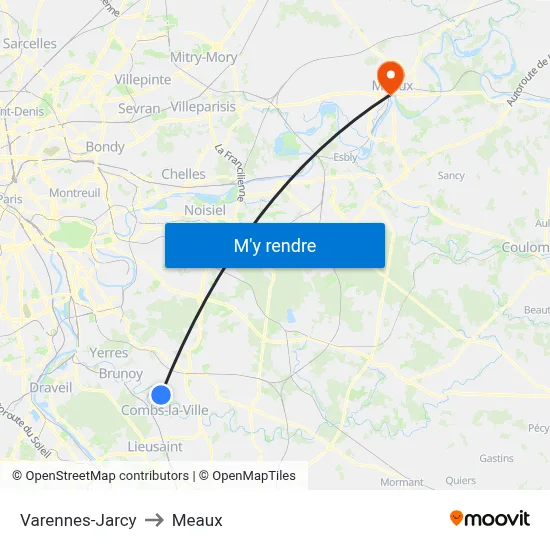 Varennes-Jarcy to Meaux map